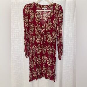 American Eagle Outfitters Dress Women's Small Red Maroon Floral Print Tie Front